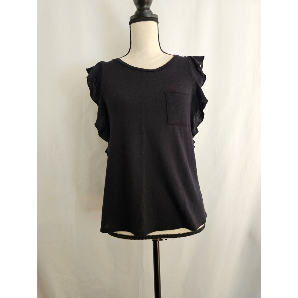Jun & Ivy Women’s Medium Black Ruffle Sleeve Top Pocket Rayon Blend Made in USA